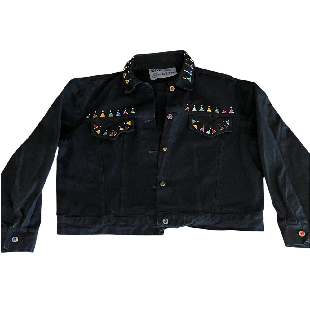 Boy Blue Black‎ Denim Jacket Jeweled Collar Large Pockets Black bling Western